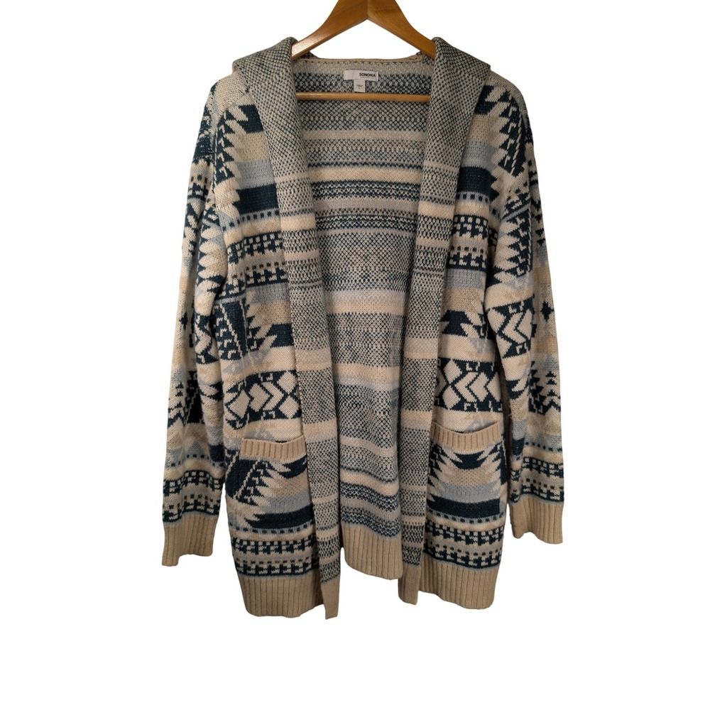 Sonoma Goods For Life Womens Large Blue Southwestern Hooded Cardigan Sweater